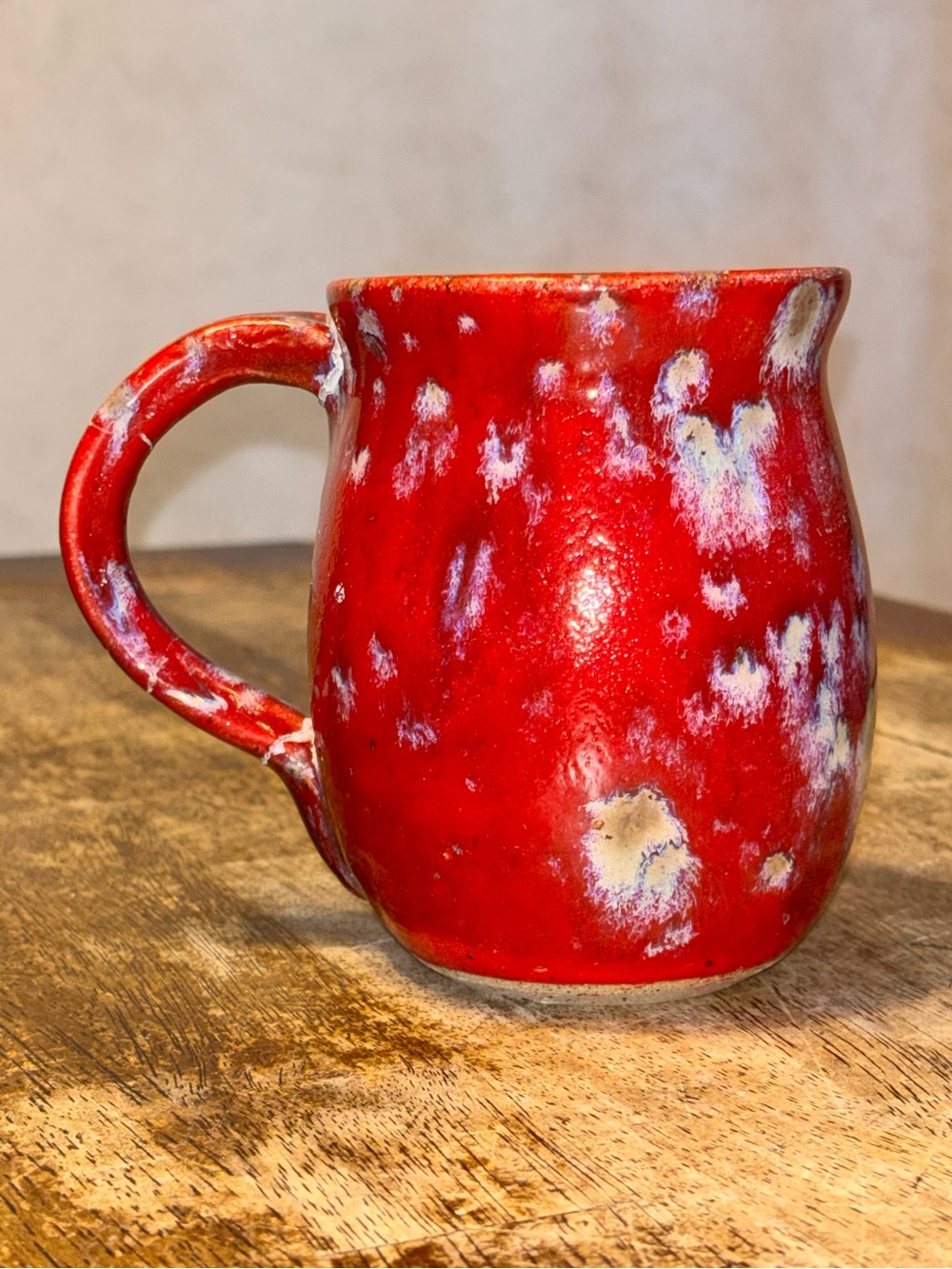 Handmade Studio Pottery Red & White Glaze Mug Signed Repaired Artisan Desk Cup